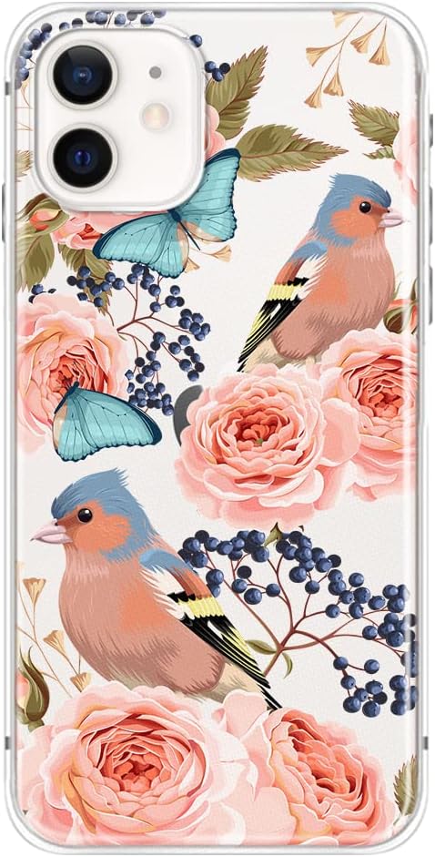 Blingy's iPhone 11 Case (6.1 inch), Women Girls Cute Bird Pattern with Butterfly Roses Design Floral Style Transparent Soft TPU Protective Clear Case Compatible for iPhone 11 6.1" (Birds&Butterflies)