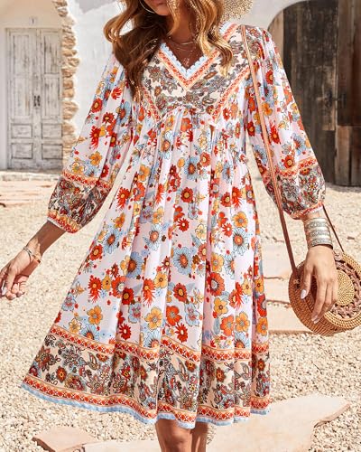 Image of BTFBM Women Casual Spring Summer Dresses V Neck 3 /4 Long Sleeve Ruffle Floral Flowy Boho Babydoll Mini Short Beach Dress