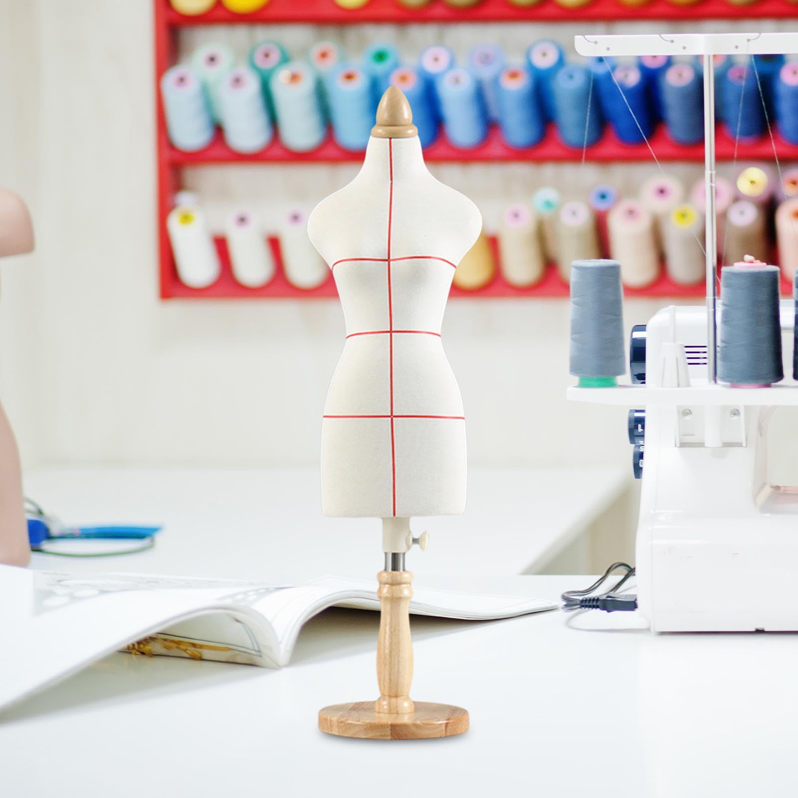 Miniatur Kleidungsform Weiblich Schneiderbüste Puppenmannequin Mini Dressform Körper mit Stabilem Holzfuß Zum Nähen für Puppenbekleidung Schaufenster, 46 cm mit Linie