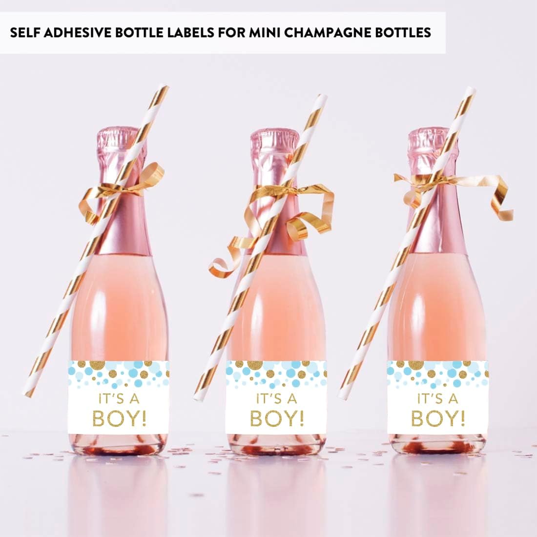 Andaz Press Mini Champagne Wine Bottle Baby Shower Labels, It's a Boy!, Baby Blue Faux Gold Glitter Confetti Dots, 20-Pack, Party Favor Gift Label Stickers Baby Shower