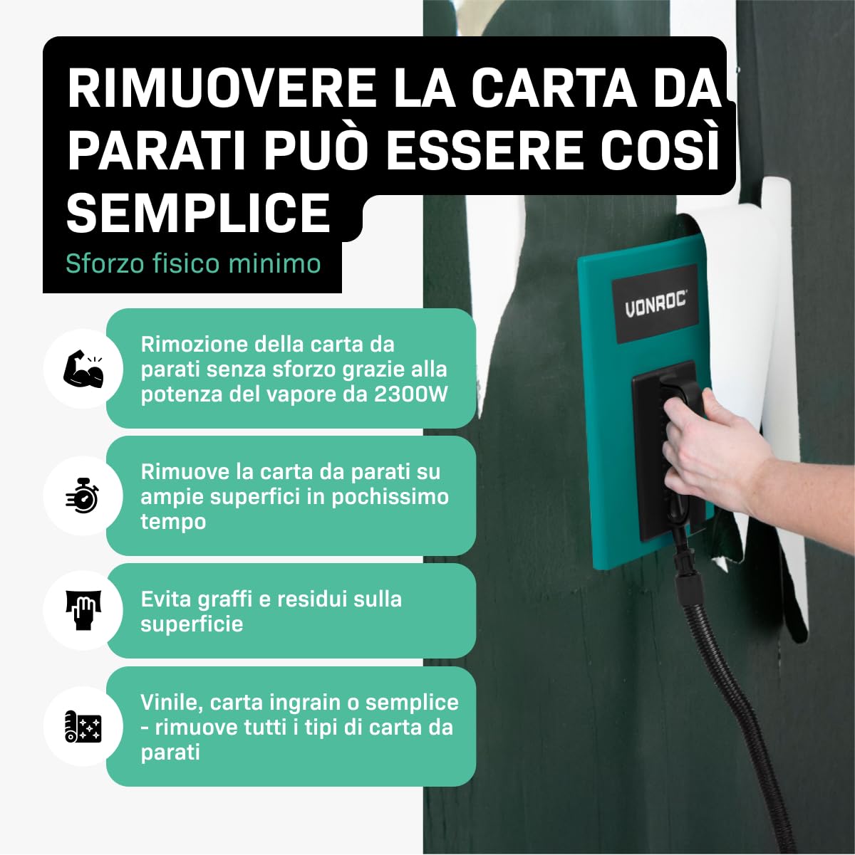 VONROC Vaporizzatore per Carta da Parati 2300W – Serbatoio 4,5L per 70 Min di Vapore – Tubo 4 m – Doppia Piastra Grande + Piccola – Rimozione Rapida Senza Chimici – Raschietto Incluso