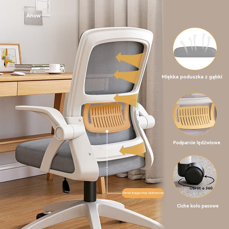 Ergonomiczne Krzesło Biurowe do Domu z Oddychającej Siatki - Wysoki Tył z Regulacją Wysokości,Obrotowe z Podnoszonymi Podłokietnikami i Wsparciem Lędźwiowym(Szary)