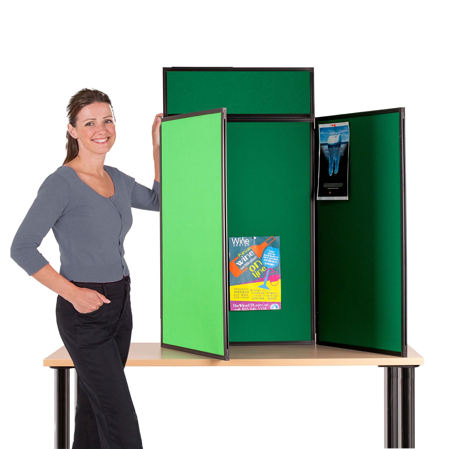 Wonderwall Foldaway Exhibition Display Kit| Table/Desk use| with Bag, Header & 100 Adhesive tabs |Portrait |Dual Sided Emerald Green/Quince Green for Schools, Hubs, Fairs