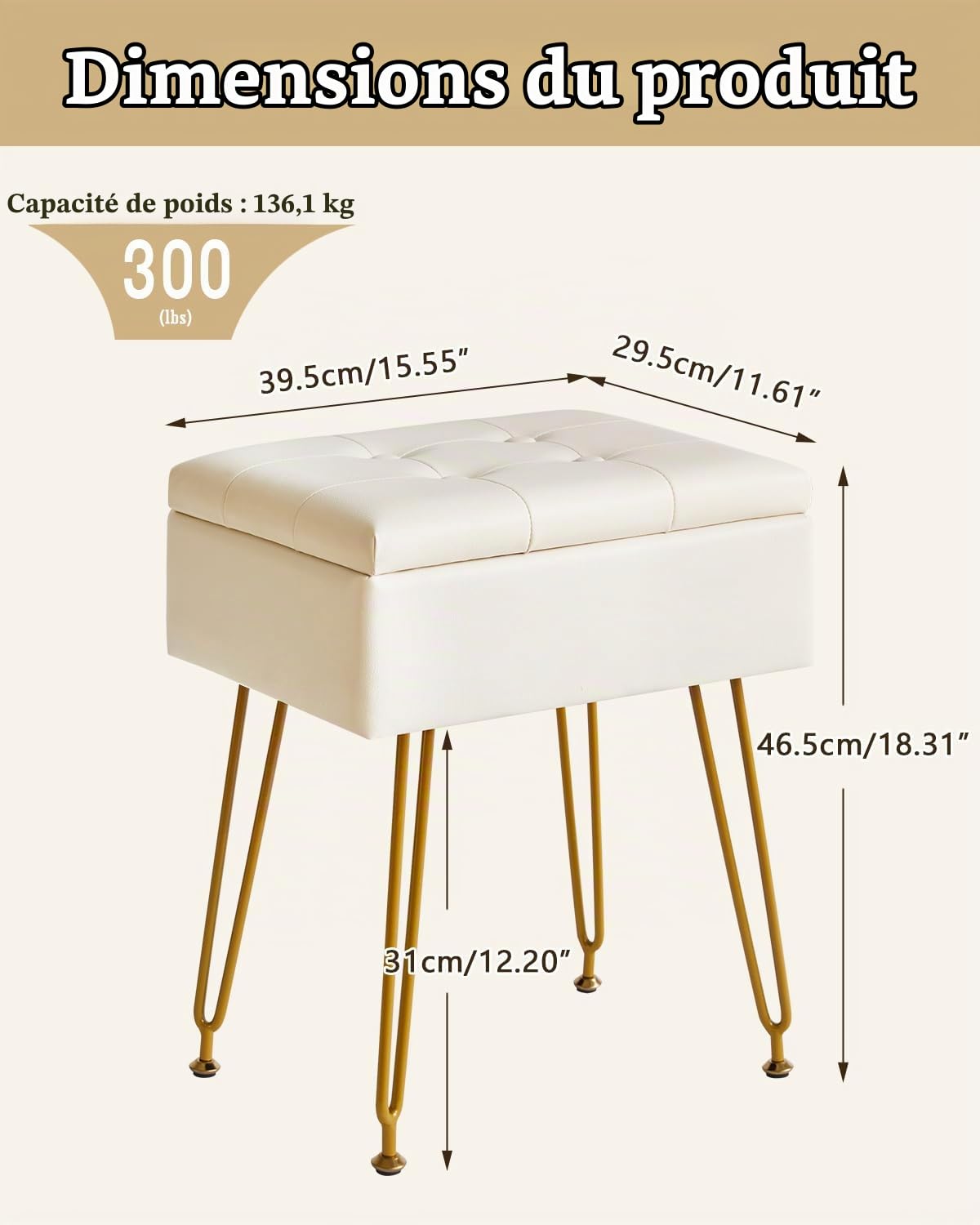 IBUYKE Stockage Tabouret de vanité avec Flip Table, Ottoman, Blanc WBD014W