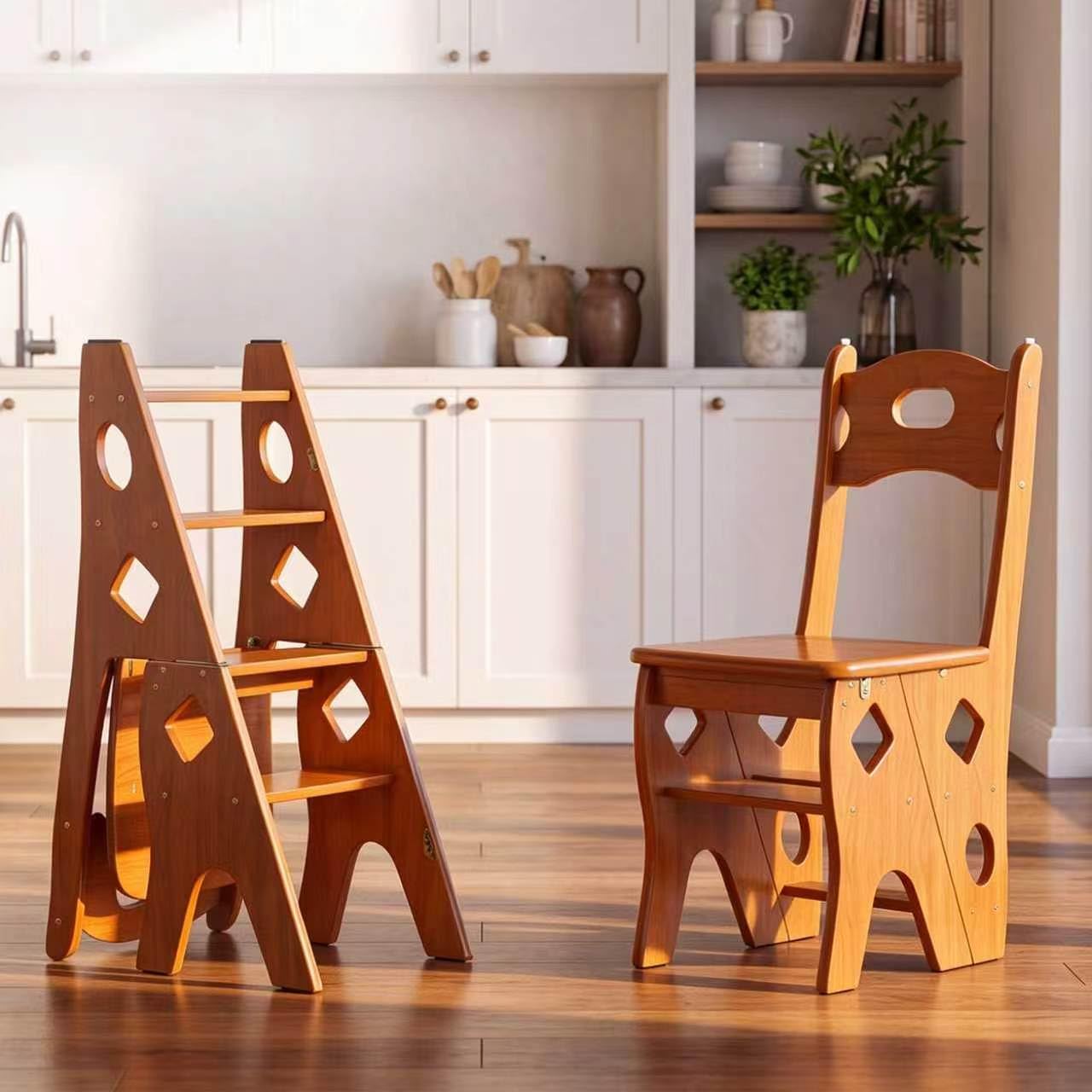 Nisorpa Folding Step Ladder Chair,4-Tier Library Ladder Chair, Wooden Ladder,Solid Wood kitchen step stool for Display and Flower Shelf