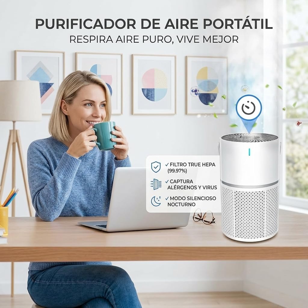 Marvics Air Purifiers Purificador de Aire Silencioso con Filtracion de Tres Capas 360 Grados Iones Negativos para Habitacion y Salon (White/Dark Grey Heather)