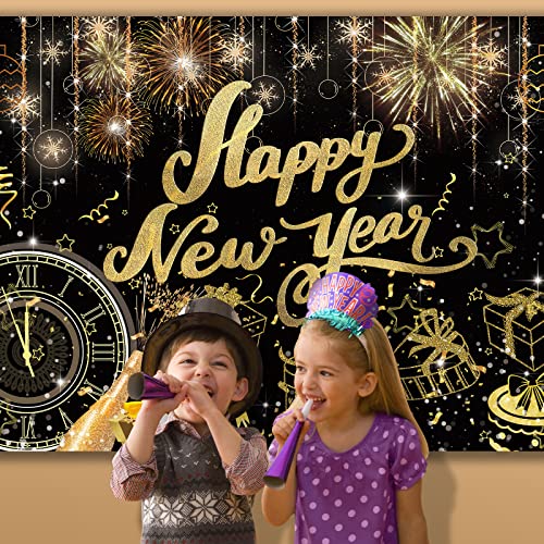 Image of Happy New Year Backdrop,7x5FT 2026 Black Happy New Year Backdrop Party Decor New Year Banner New Year Eve Party Backdrop Supplies