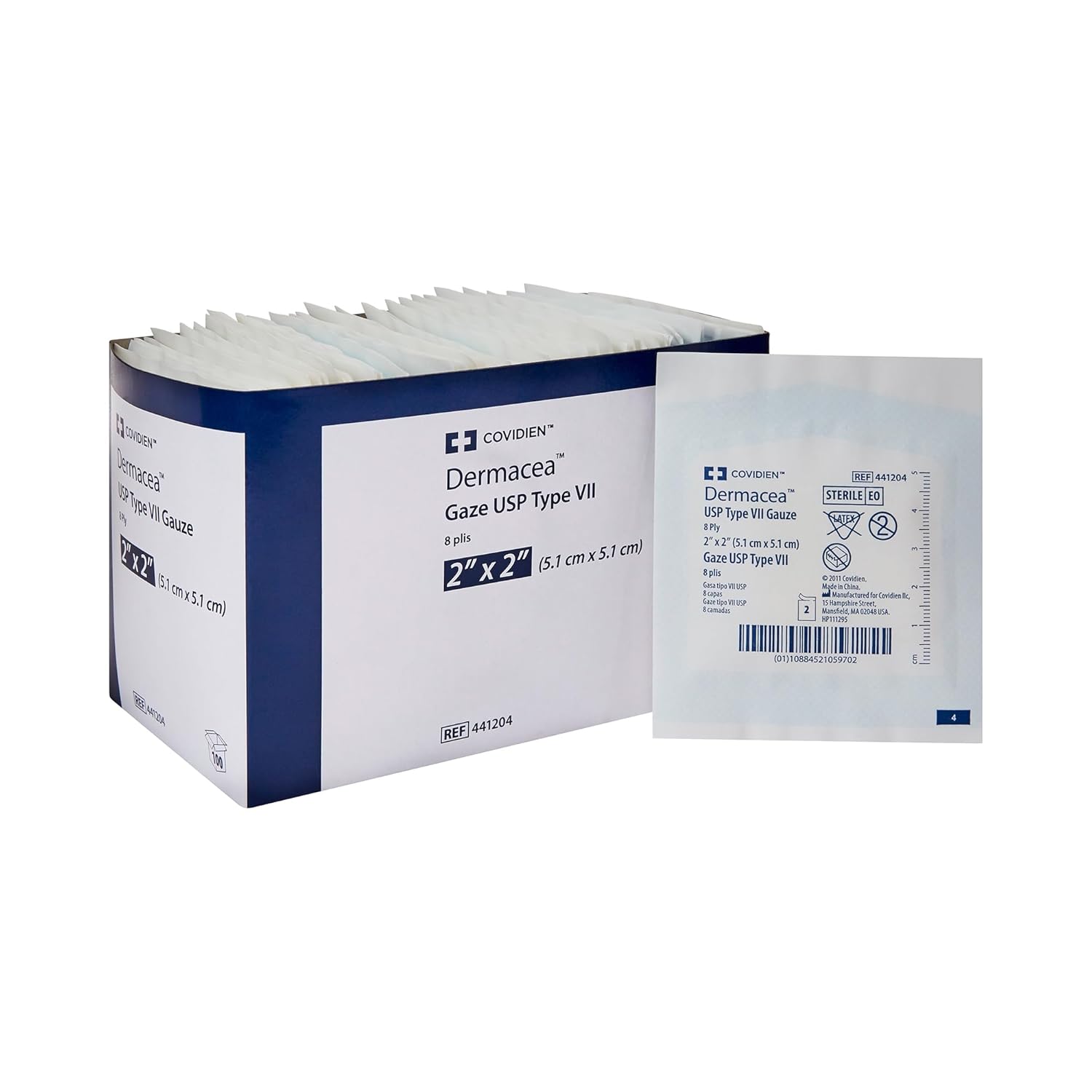 Covidien 441204 Dermacea USP Type VII Gauze, 8-Ply, 2" x 2" Size (Pack of 3000)