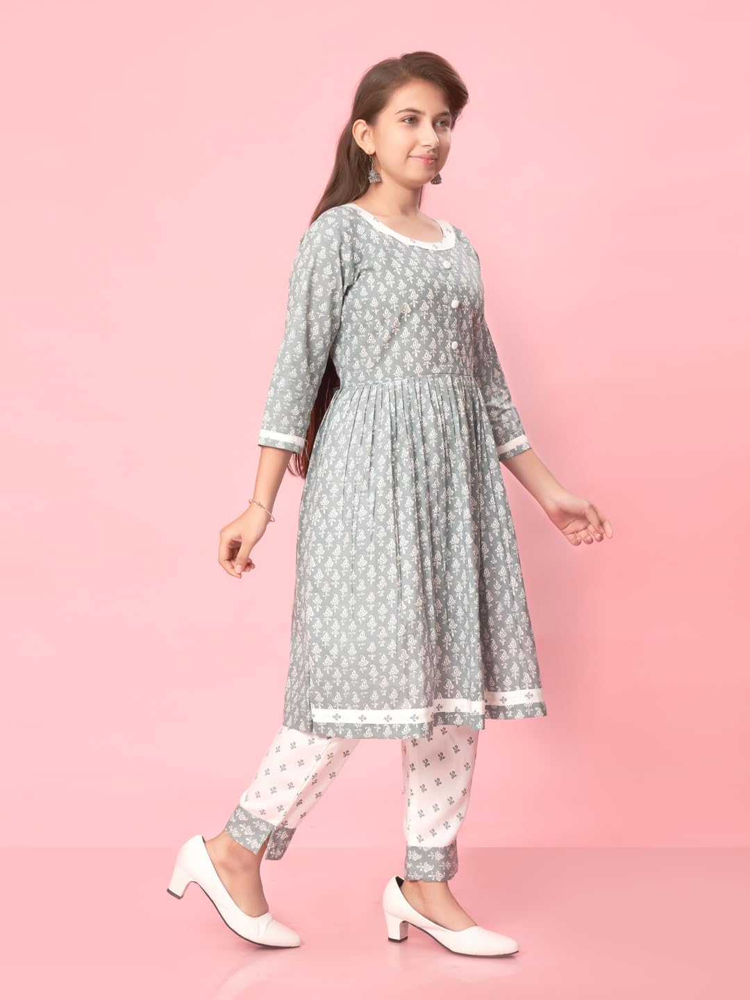 Aarika Girl's Cotton Kurti Pant Set (New_Kp-K-481_Grey-White