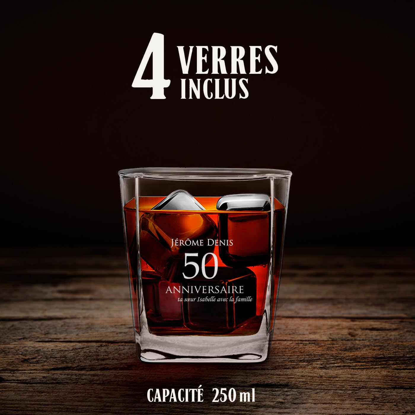 Maverton Ensemble de Carafe et 4/6 Verres à personnaliser - 0,8l Décanteur Whiskey + 2/4/6 Verres de 250ml - Souvenir pour homme - Service à Whisky pour lui - pour anniversaire - 50 ans