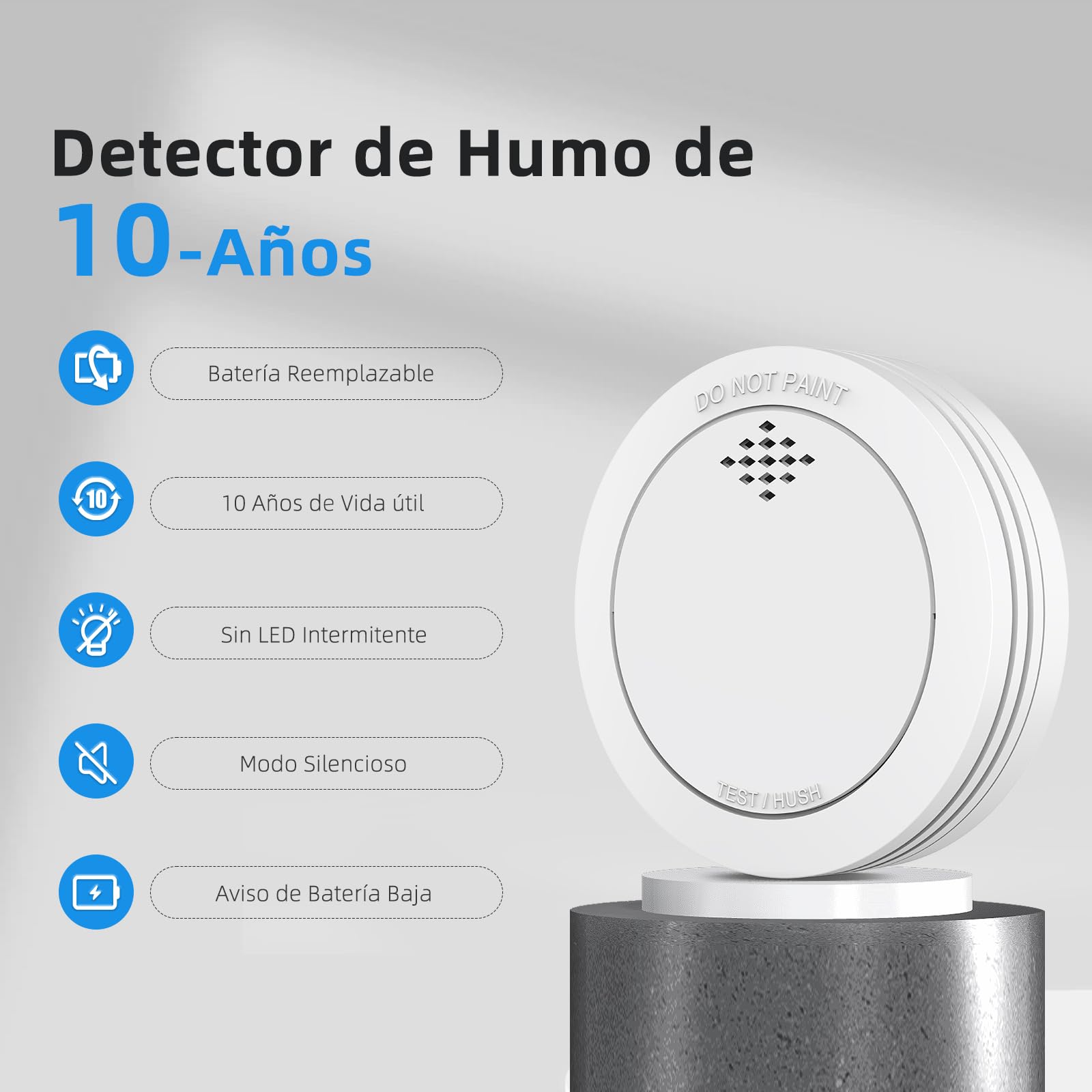 Detector de Humo con Soporte magnético, 10 años Alarma contra Incendios en Red con batería CR123A reemplazable, Alarma de 85 dB, silenciamiento, Advertencia de batería Baja, 1 Unidad
