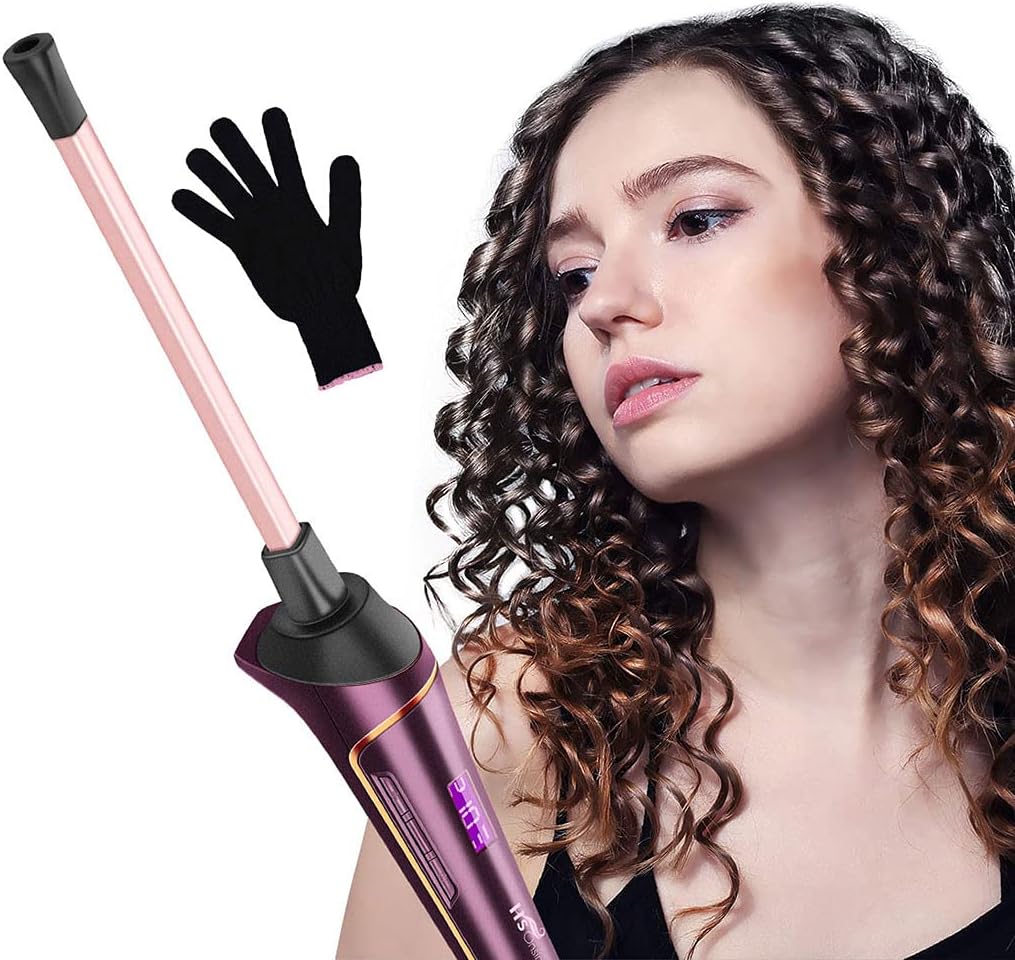 HS Onsing Curling Wand, 9mm Mini Square Edges Curling Wand Iron,Professional Tourmaline Ceramic Barrel Hair Curler 120 ℃ ~ 210 ℃ Adjustable, Hair Curling Wand for Long & Short Hair with Heat Glove