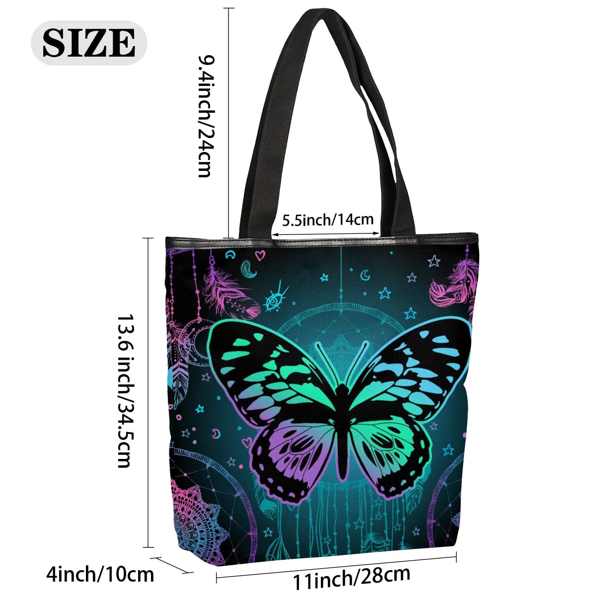 Mularoka Colorful Mandala Butterfly Dreamcatcher Canvas Tote Bag with Zipper and Pockets Canvas Tote Shopping Bag Women Reusable Grocery Bag for Beach Travel Gym Shopping