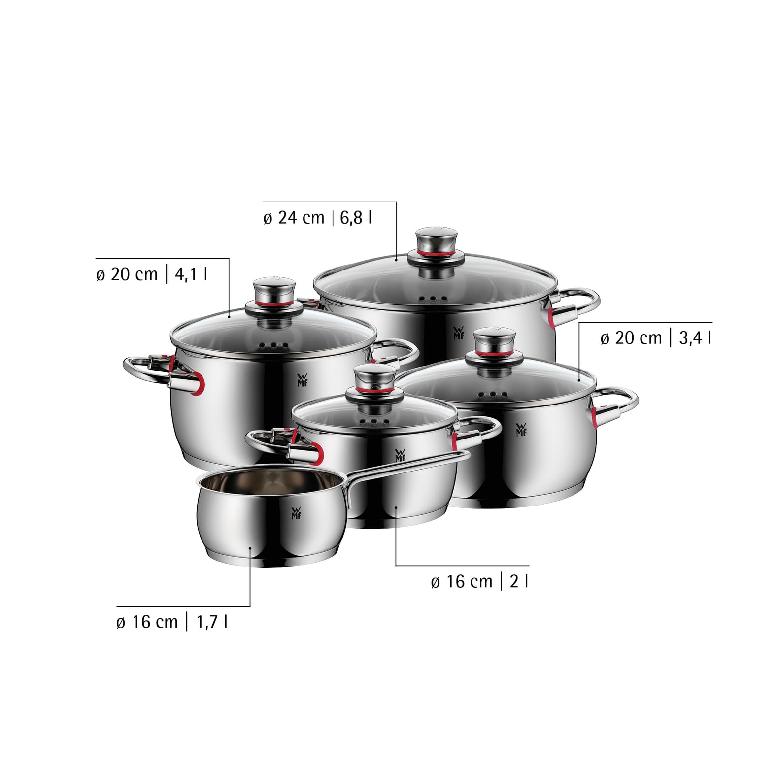 WMF Quality One Topfset Induktion 5-teilig, Kochtopf Set mit Glasdeckel, Cromargan Edelstahl poliert, Induktions Töpfe Set unbeschichtet, Dampföffnung, für alle Herdarten geeignet