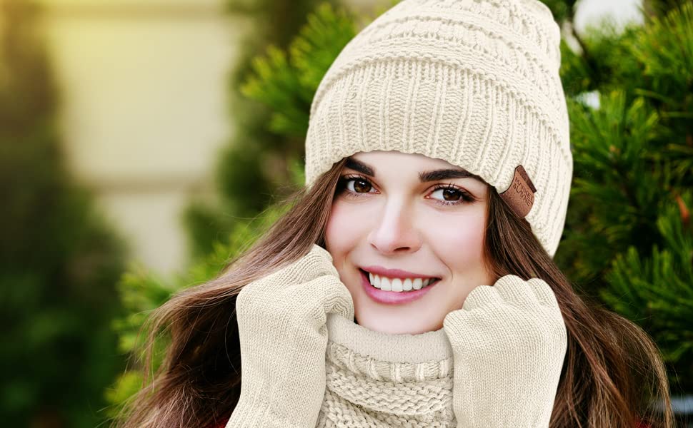Winter Hat Fleece Lined Neck Warmer Scarf and Gloves Set for Women Knit Beanie Winter Gloves and Scarves Cold Weather2