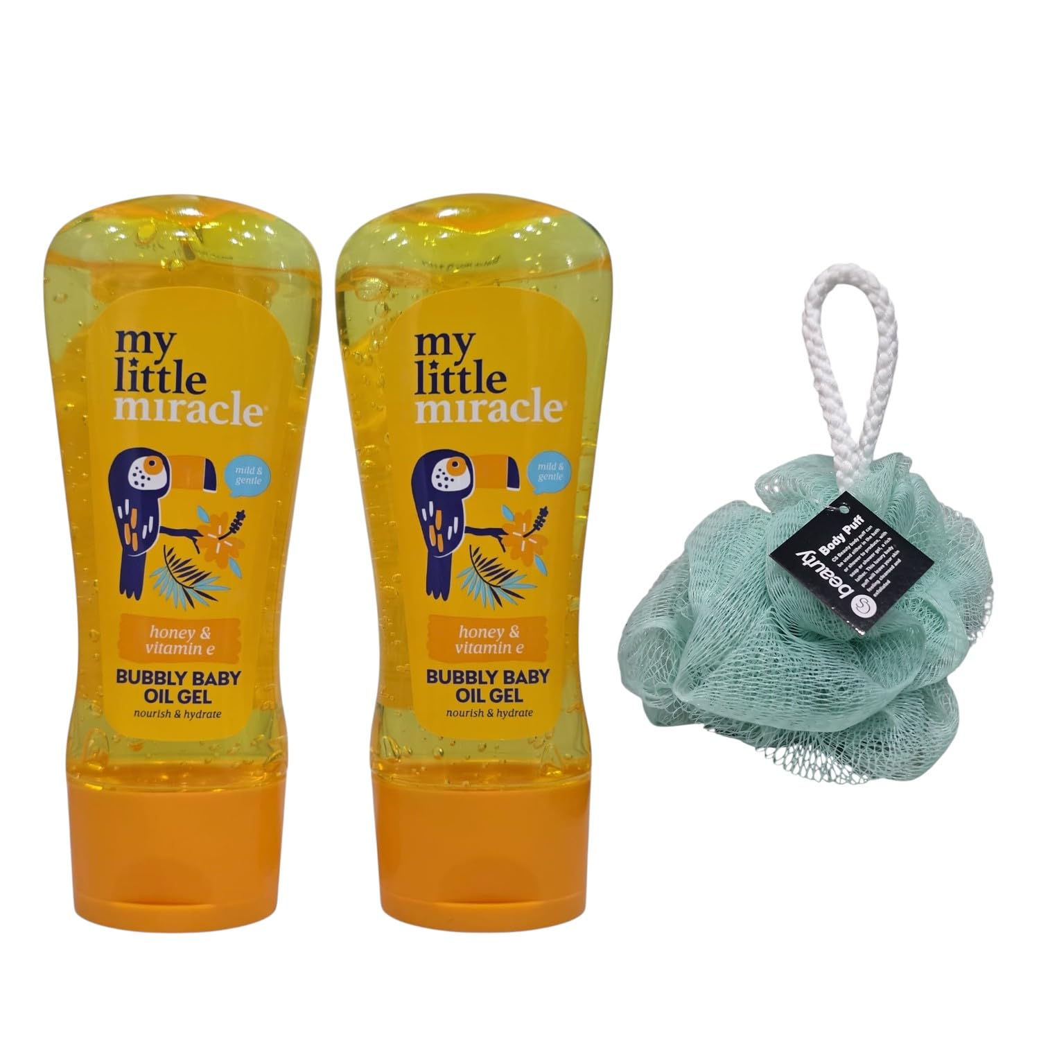 My Líttle Míracle Bubbly Baby Oil Gel 200ml Twin Pack Honey & Vitamin E, NOURISH With Free Beauty Body Puff(Any Colour)