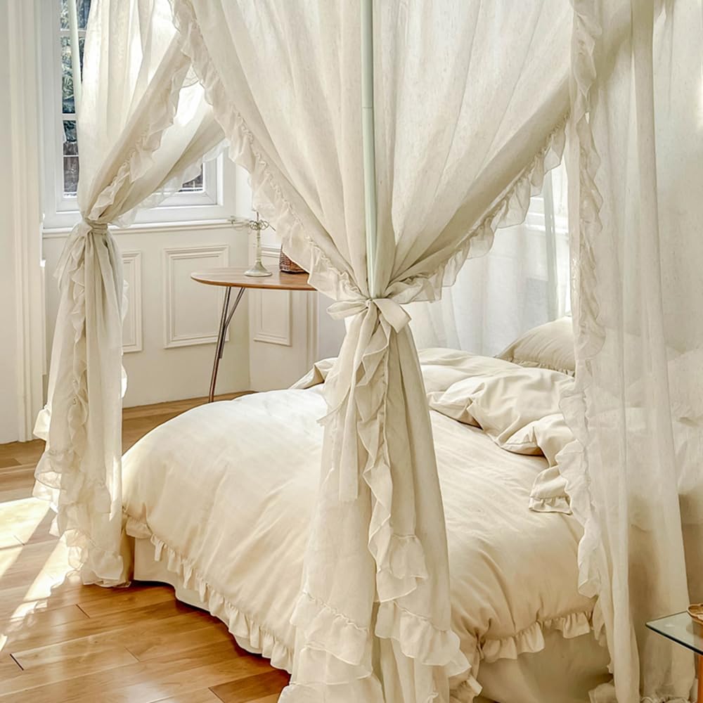 Mengersi Betthimmel-Vorhänge, Leinen-Betthimmel-Vorhänge, 4 Eck-Bettvorhänge, Baldachin-Vorhänge für Schlafzimmer-Dekor (Elfenbein, voll)