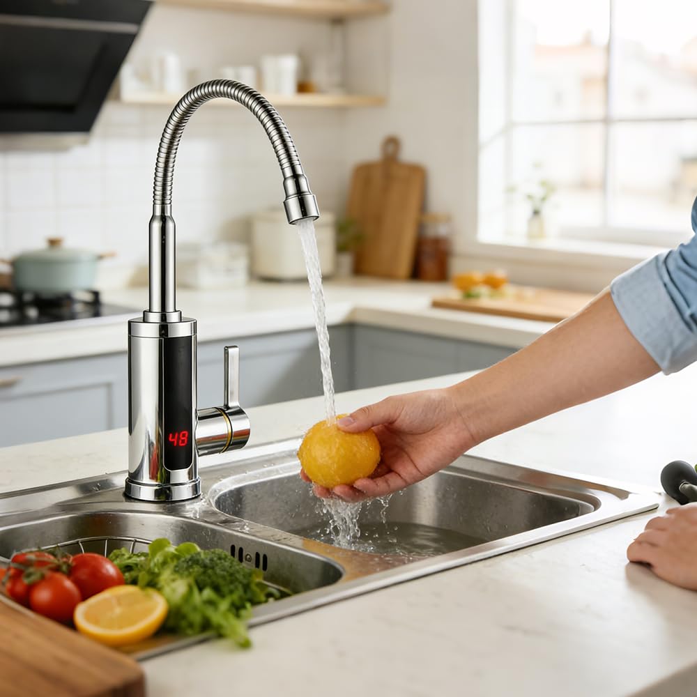 Wasserhahn mit Durchlauferhitzer, 360° Drehbarer LED Elektrische Küchenarmatur mit Durchlauferhitzer, 220V 3000W Heißwasserhahn für Küche Bad Garten Wohwagen