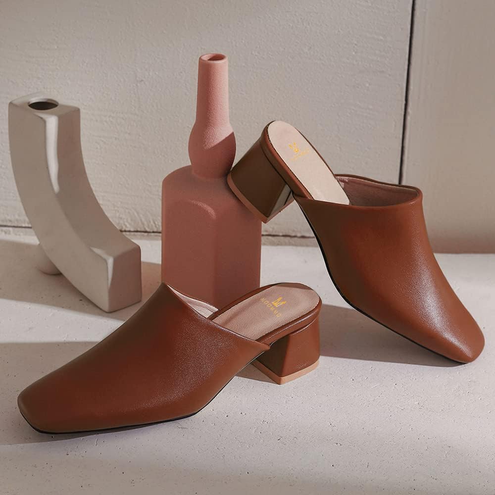 MOOMMO Women Chunky Heel Mules Brown Closed Toe Square Toe Slip On Backless Pumps Black Mid Block Heel Comfort Matte Slide Sandals Casual Cute Outdoor Slippers Dress Shoes Tan 7.5 M US - Image 5
