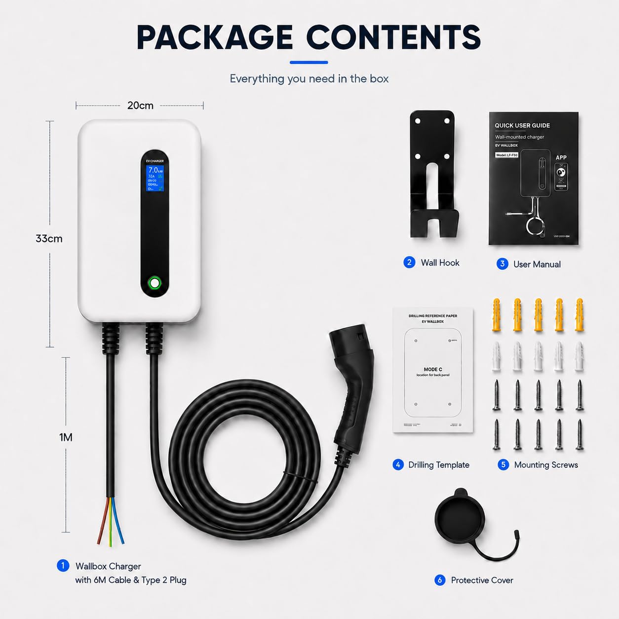 7.4KW Ricarica Auto Elettrica, Tipo 2 6M Cavo Ricarica EV, 32A Wallbox con Display LCD, IP66 Impermeabile Caricabatteria da Auto Elettrica Compatibile con Model Y e Altri EV