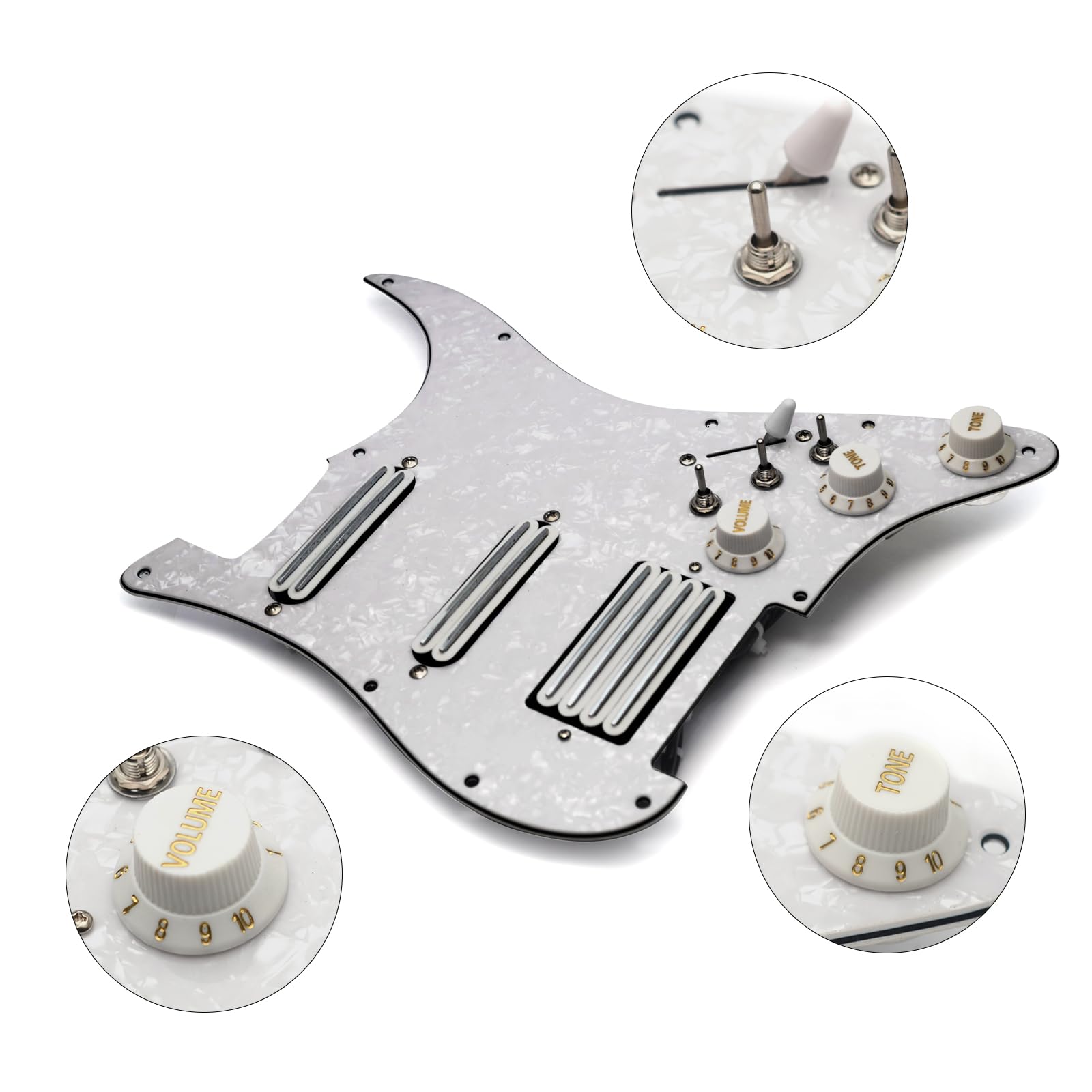 MAXCHEER SSH-Coil Splitting E-Gitarren-Schlagbrett, zwei Mini-Humbucker + ein 4-spuliger Tonabnehmer, hohe Ausgangsleistung (9K/9K/18K) geladen, vorverdrahtete Schlagplatte (Perlweiß, SSH)
