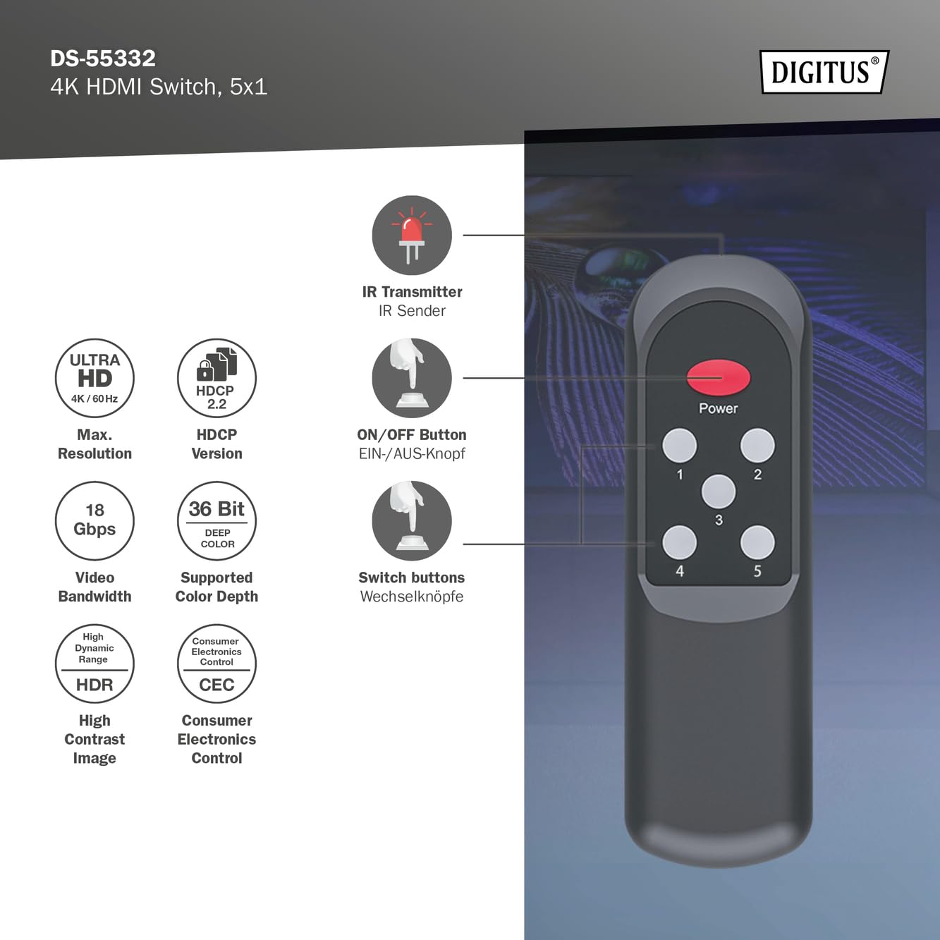 DIGITUS Conmutador HDMI 5x1 – 5 entradas, 1 Salida – UHD 4K/60 Hz – | HDMI 2.0, HDCP 2.2 – HDR, CEC, Deep Color, DTS, Dolby Digital, LPCM – Para televisores, monitores, consolas de videojuegos
