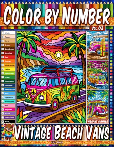 Color by Number Vol. 03 - Vintage Beach Vans: Vibrant Summer Edition - 20 Pages in Diverse Art Styles - Relaxing Retro Surf Bus Coloring Book For Adults (Premium Print: Diverse Art Styles) image 2