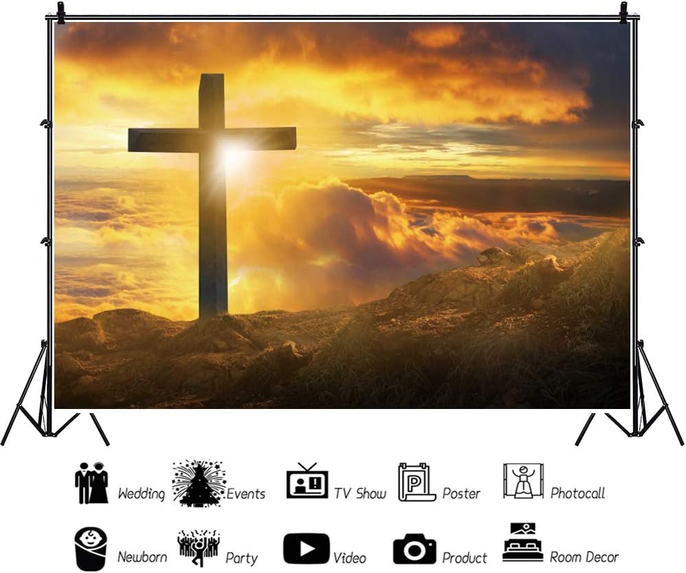 10x8ft Jesus Christ Cross Sunrise Photography Backdrop Mountain Top Sunset Glow Sky Background Holy Light Jesus Resurrection Christian Church Wallpaper Decor Props