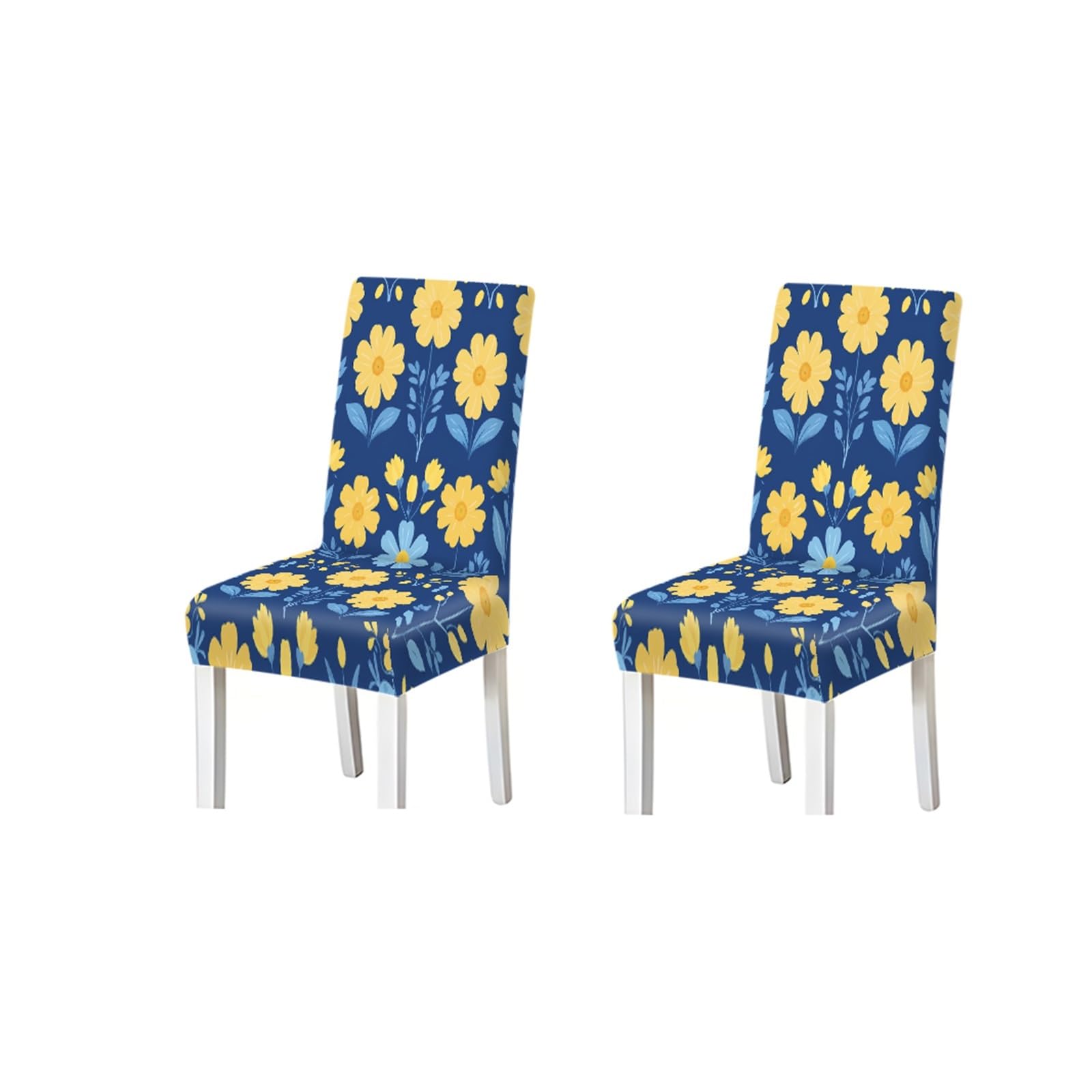 Cheerful Blue Yellow Floral Pattern Print Stretch Dining Chair Covers Set Of 2/4/6, Slipcovers For Kitchen Dining Room Living Room Café Removable Stretch Slipcovers for Dining Chairs(2PCS Chair cover)