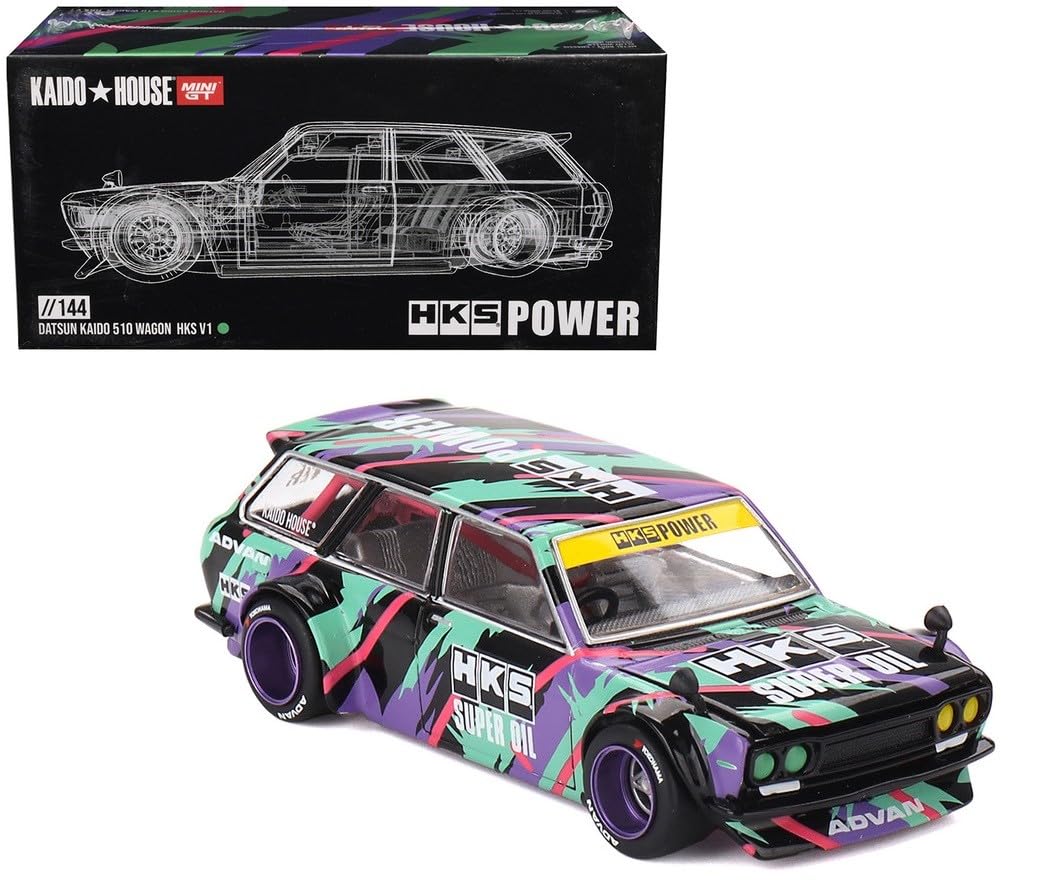 Diecast Collectibles Model Car Compatible with Kaido House 1:64 Datsun KAIDO 510 Wagon HKS V1 Oil Splash Pattern Limited Edition KHMG144