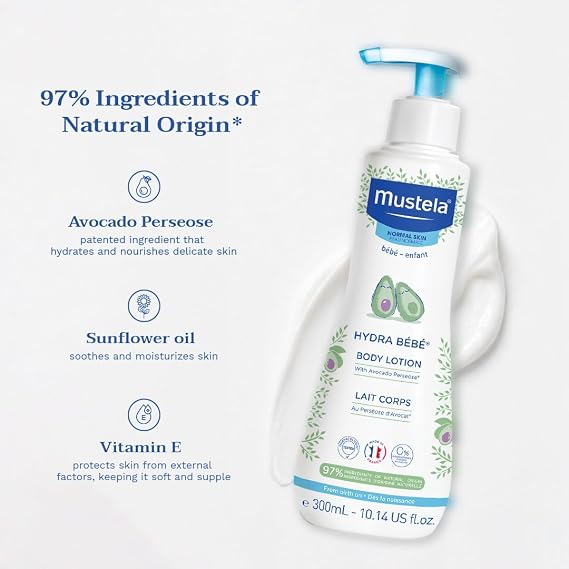 Mustela Hydra Bébé Body Lotion for Baby and Children, 300ml | Long-Lasting Moisturiser, Non-Greasy, Fast-Absorbing, Avocado Perseose, Sunflower Oil and Beeswax