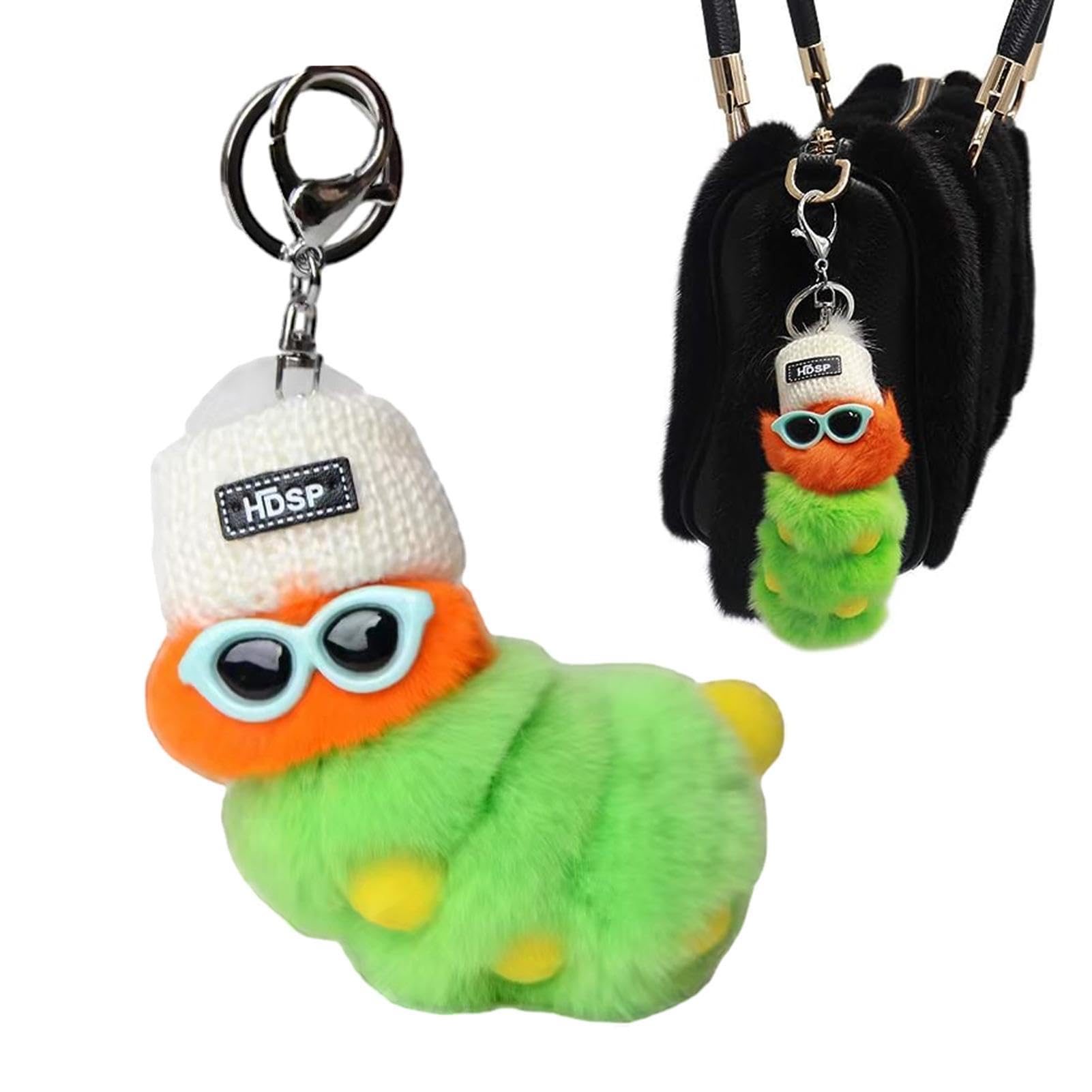 Caterpillar Keychain, Pom Caterpillar Keychain with Sunglasses and Winter Knit Hat, Anti-lost Caterpillar Keychain Cute Cartoon Plush Pendant for Women and Girls
