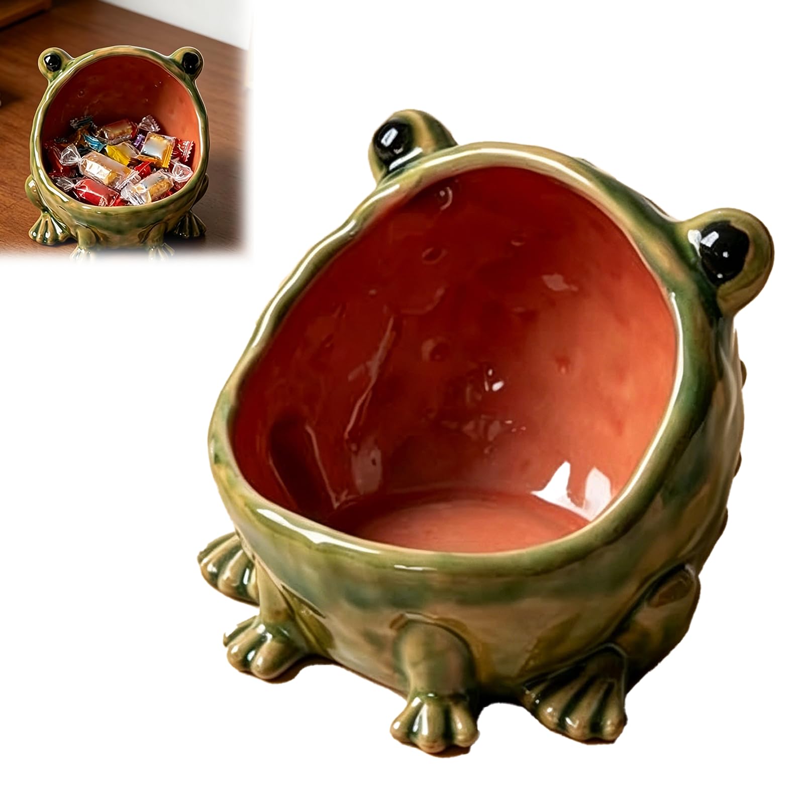 RUTYAUB Big-Mouth Frog Candy Dish Ceramic Statue, Funny Big Mouthed Figurine for Key Bowl Entryway Table, Fun Desktop Storage for Office Home Kitchen Decor (1pcs)