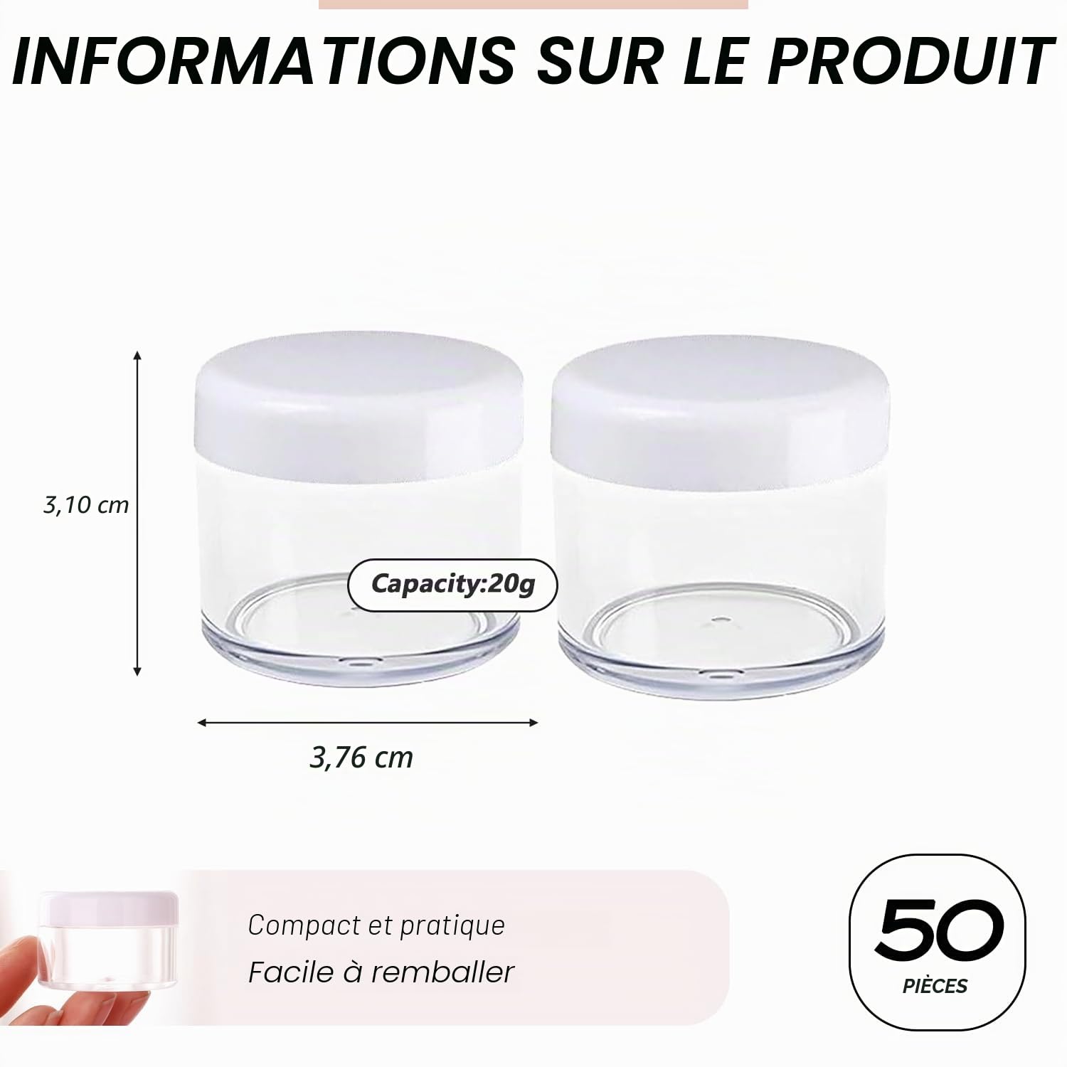 50 Petites Bouteilles vides en Plastique de 20 g avec Couvercle à vis Blanc pour Maquillage, Maquillage, Voyage, Organisateur, Distributeur pour crème, Lotion, Ongles