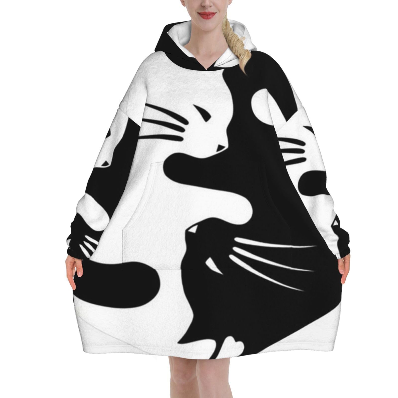 Peiyeety Unisex Yin Yang Lucky Cat Blanket Hoodies For Women And Men Adult Oversize Wearable Blanket Hoodies For Soft And Warm