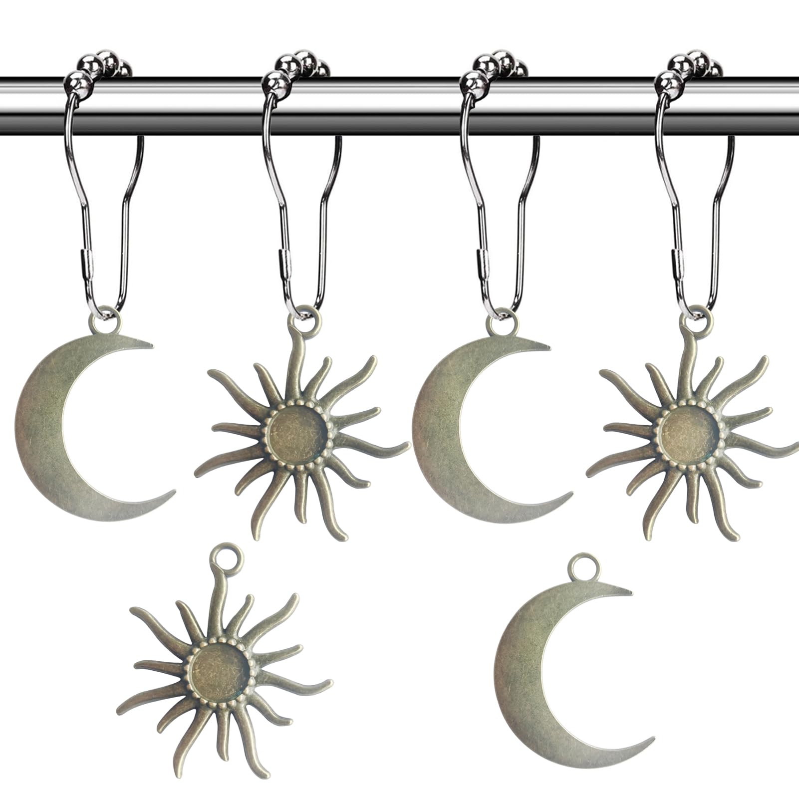 Sun Moon Celestial Shower Curtain Hooks - Mid Century Abstract Boho, Minimalist Vintage Cute, Chic Mystic Fantasy Goth Nature Bathroom Decor