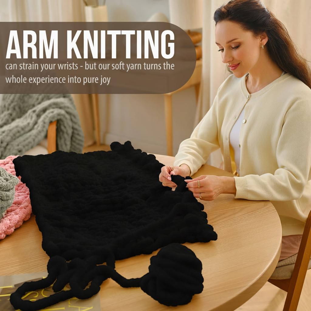 Chunky Yarn for Hand Knitting - 8 Midnight Black Jumbo Rolls (27 yds, 8 oz Each), Thick Crochet Knit Blanket Chenille Chunky Yarn for Crocheting