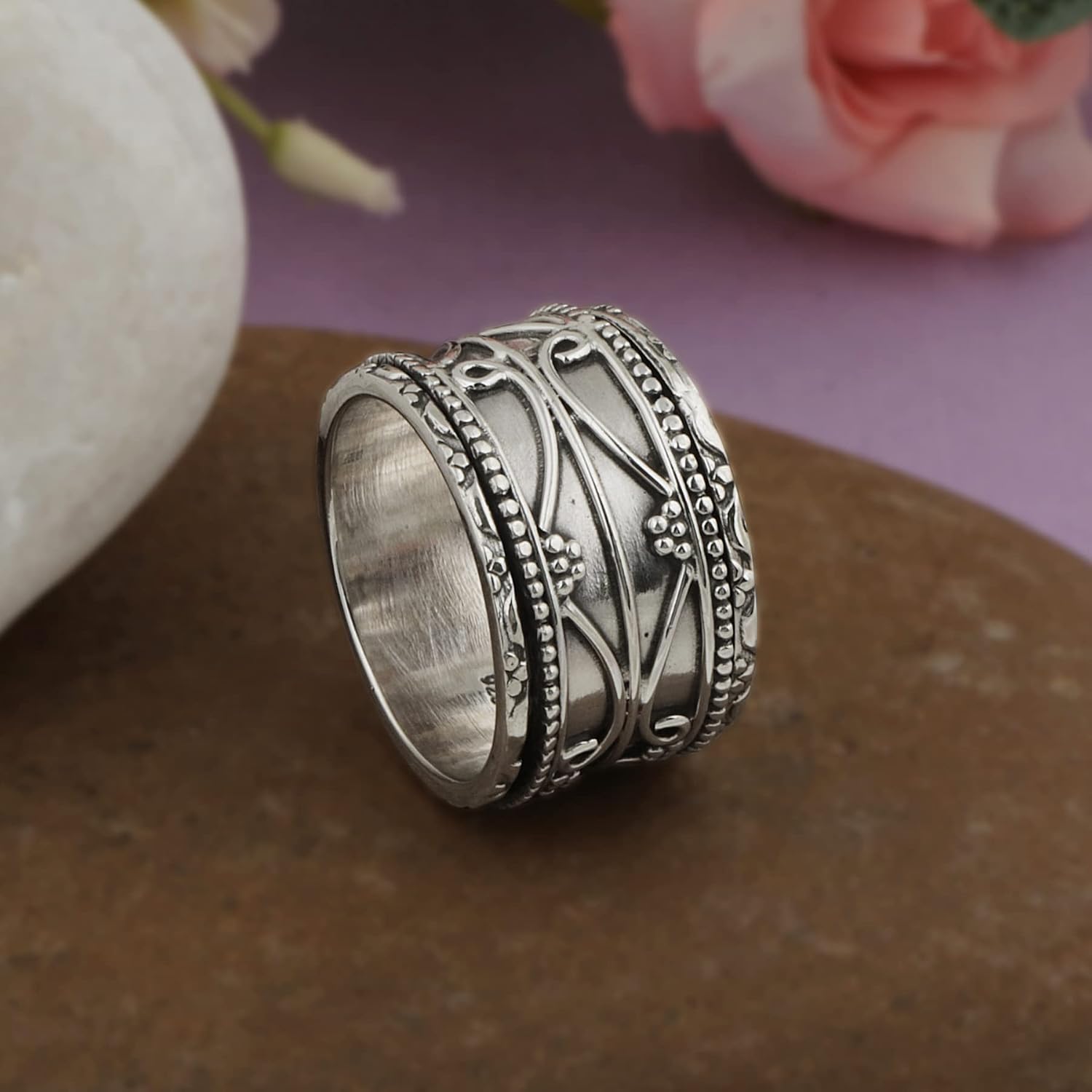 Meditation Spinner Ring for Women 925 Sterling Silver Fidget Bands Wide
