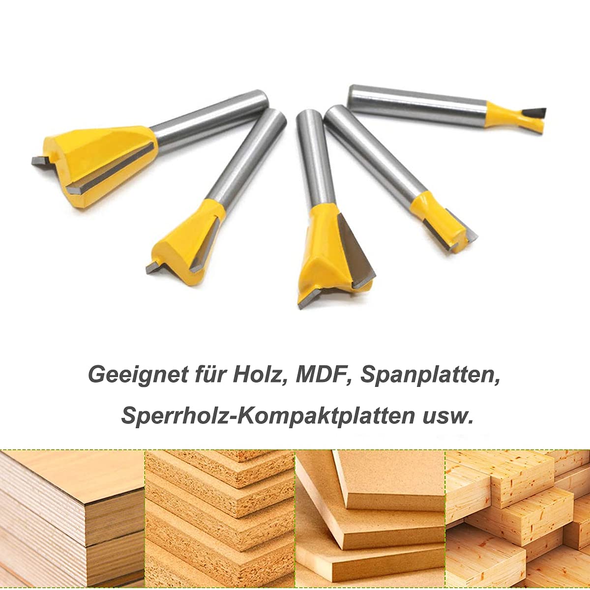 Set di 5 punte da 8 mm con codolo di rondine, per lavorazione del legno, per fresatura a coda di rondine, set di frese comuni [1/4" 1/2" 3/8" 5/8" 3/4"]