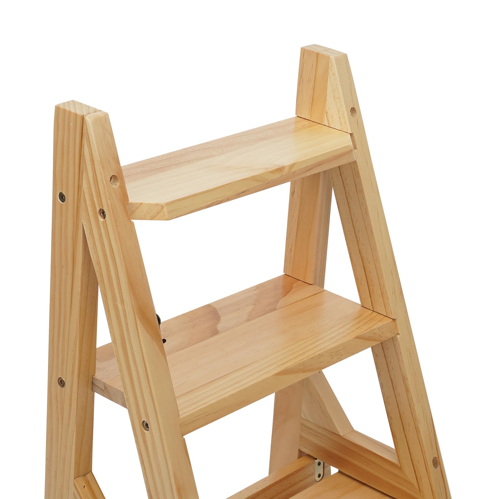 Escalera plegable de 4 peldaños de madera de pino, taburete plegable multifuncional, capacidad de carga 100 kg, escalera de biblioteca, escalera para interior y exterior, color madera