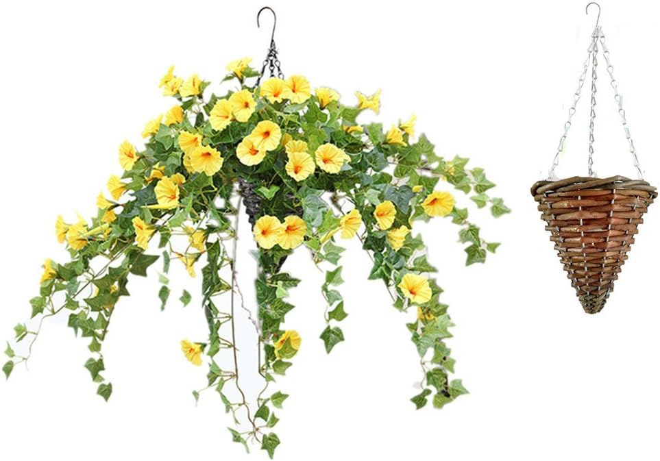 Hanging Artificial English Ivy Plant for Home Veranda Decoration Hanging Basket Artificial Silk Morning Glory Flower Vines Yellow