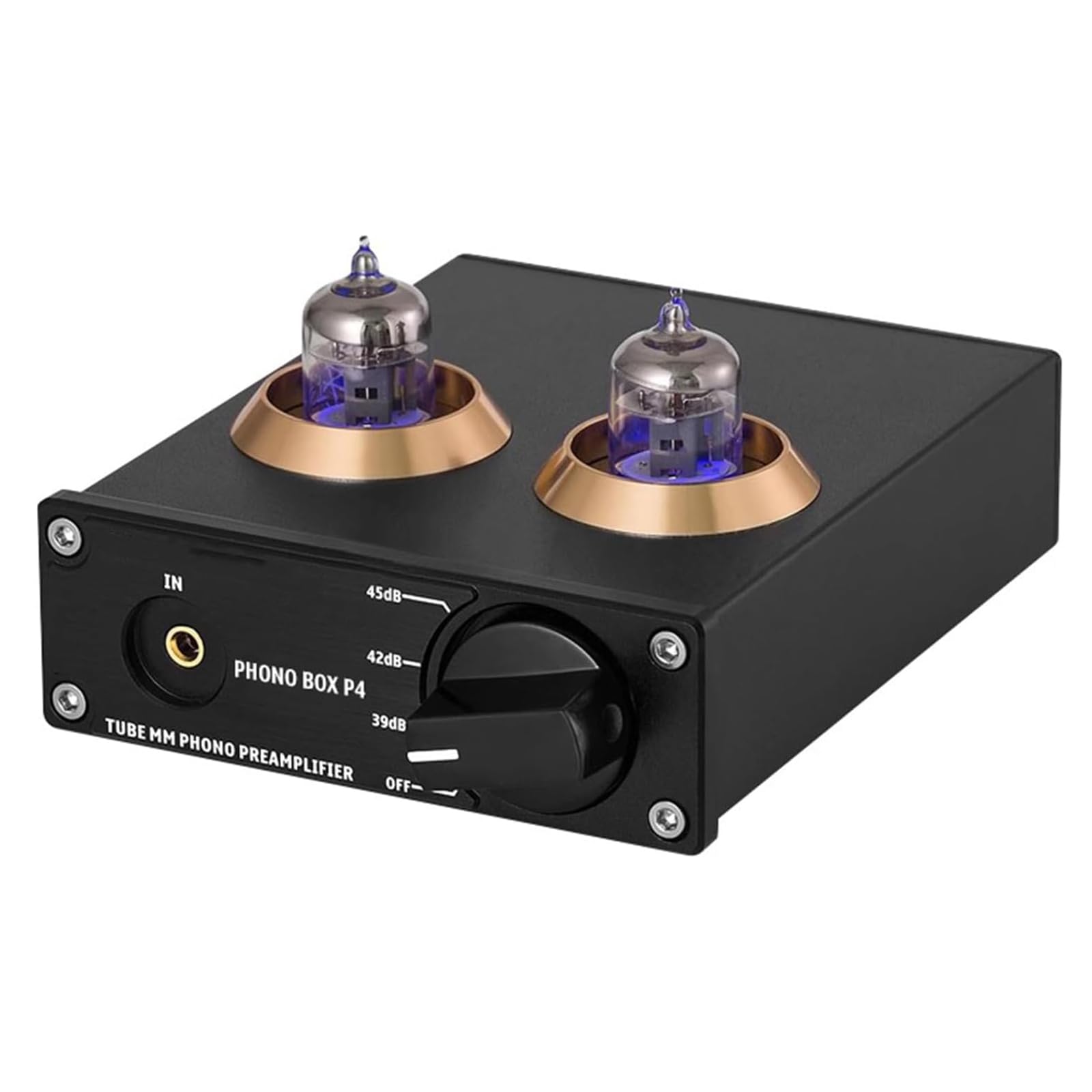 MObyat Mini Preamplificador Hi-Fi, Preamplificador De Fono con Tubo De Vacío, Tubos Reemplazables/Entrada Auxiliar De 3,5 Mm/Interruptor Entre 3 Modos: 39, 42 O 45 DB, para Tocadiscos