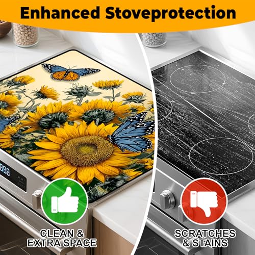 Image of Happy Easter Stove Top Cover Flower Eggs Cute Rabbit Gas Stove Top Cover for Home Decoration Kitchen St. Patrick Day Pad Non-Stick Washable Cooktop Covers Countertop Protector (sunflower, 28 inch x 20 inch)