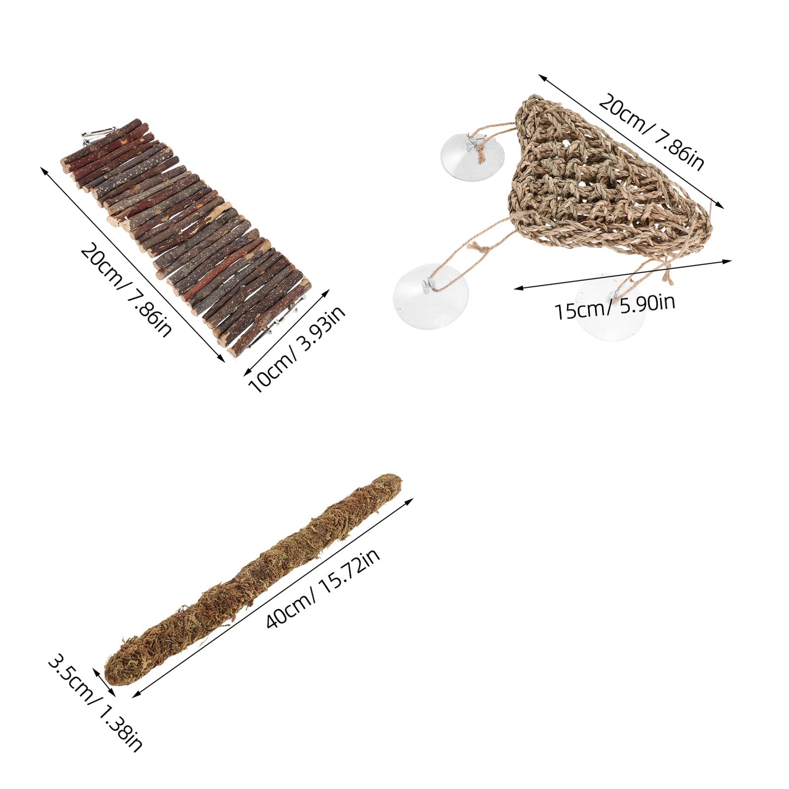 Set 4 Pezzi Accessori per Rettili da Arrampicata Ponte in Legno, Amaca a Triangolo e Decorazioni Naturali, Struttura per Terrario per Serpenti, Lucertole e Cincillà