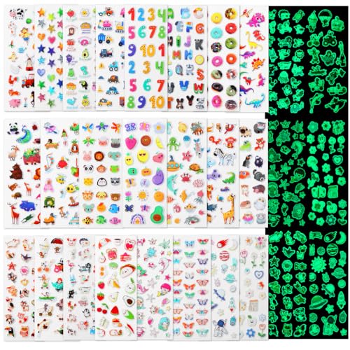 Image of Puffy Stickers for Kids Toddlers 3-5 Years, 500+ Reusable Stickers Packs for Kids Classroom and Scrapbooking, 200 in This Pack Glow in The Dark