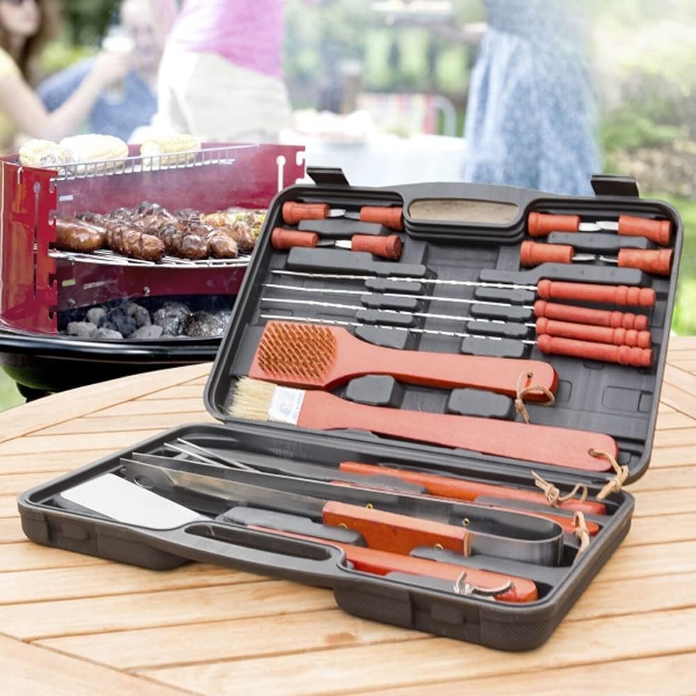Kit Barbacoa - Juego de utensilios para barbacoa, utensilios de barbacoa, juego de herramientas para viajes, jardín, maletín, acero inoxidable y madera