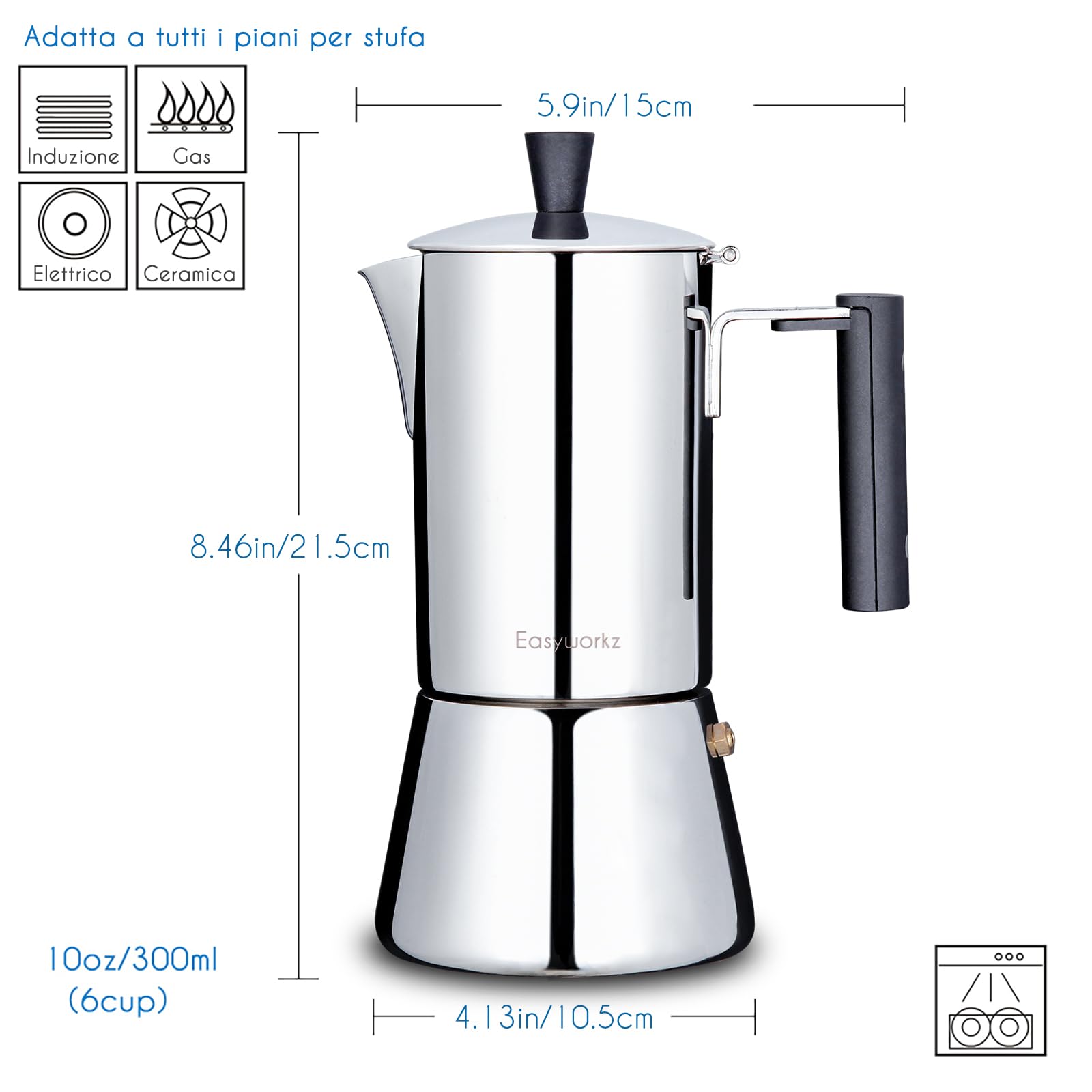 Easyworkz Pedro Caffettiera Italiana in Acciaio Inox per Cucina a Induzione, 300 ml, 6 Tazze