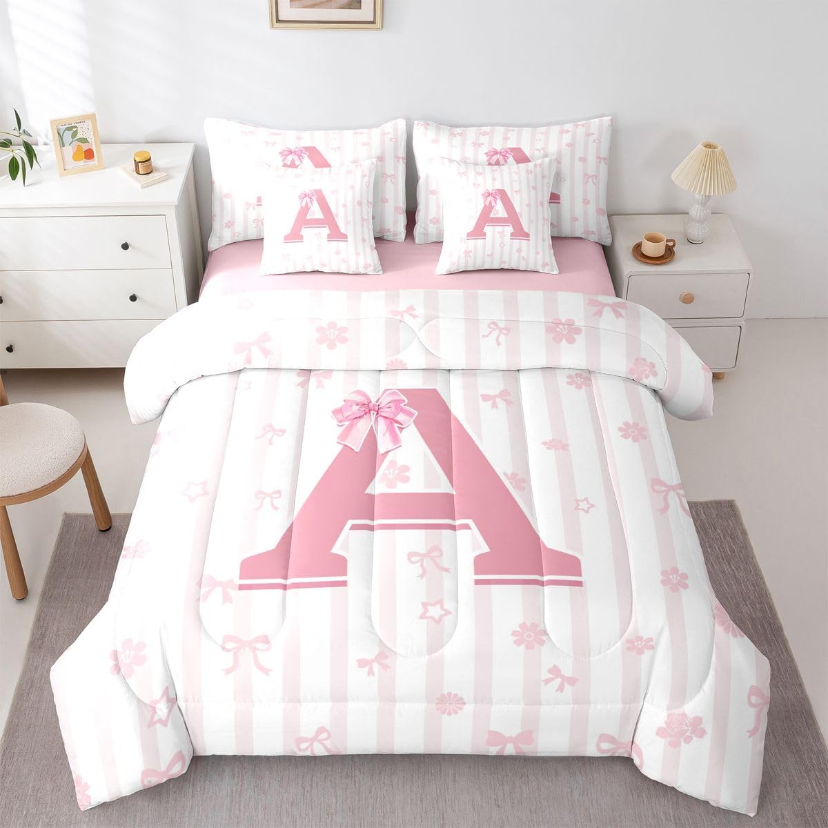 Feelyou Girls Cute Pink Bow Twin Comforter Set with Sheets for Kids Boys Girls Kawaii Bowknot 7 Pieces Bedding Set Personalized Initial A Bed in a Bag Room Decor Soft Lightweight Microfiber