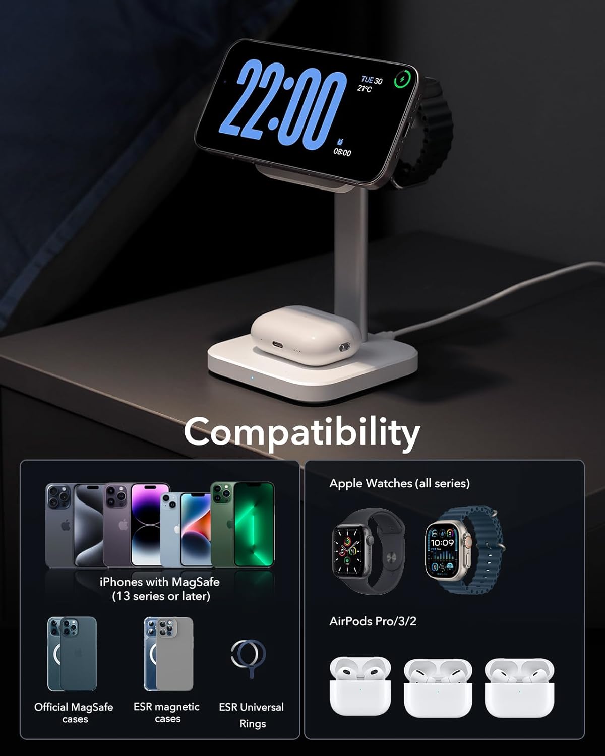 ESR 3 in 1 Wireless Charging Station, [Certified] Apple Watch Charger & 15W MagSafe Charger Stand for iPhone, Wireless Charger for Multiple Devices iPhone 17-12&Watch&AirPods,White
