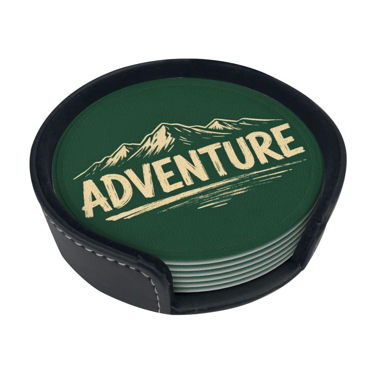 Cntdbu White Adventure Script Word Leather Coasters Set Of 6-Pu Leather Drink Mats For Table, Heat Resistant Round Coasters With Holder